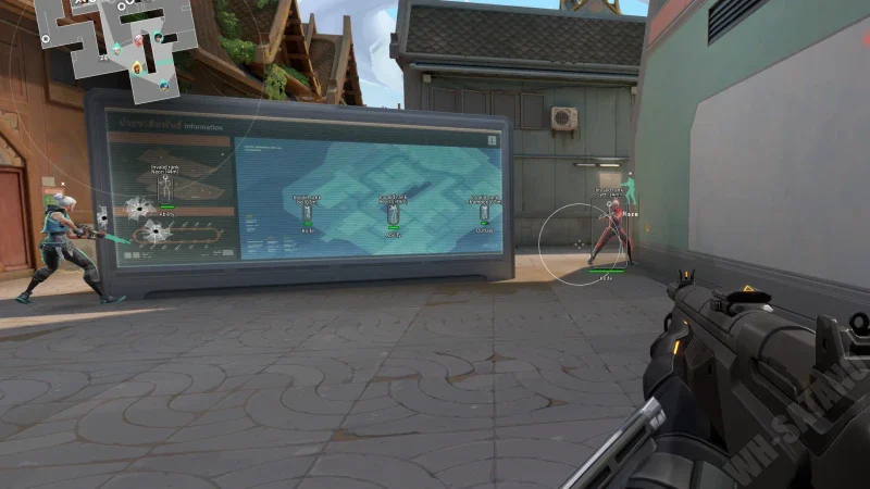 Courtyard angle with box ESP on an enemy behind cover, agent labels, minimap intel, and a circular aimbot FOV ring.