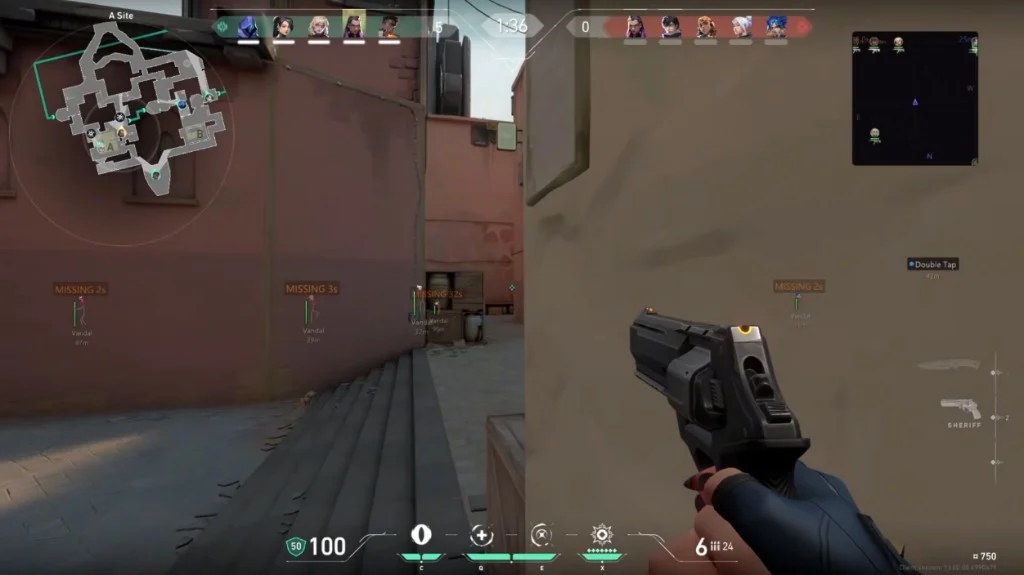 Haven A Site peek with a Sheriff, green skeleton ESP on defenders through the wall, and missing-timer text.