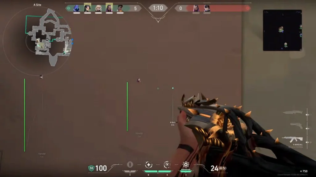 A Site hold with purple agent icons and green box lines visible through the wall, plus distance tags on the minimap.