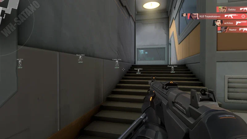 Stairwell view with wireframe ESP icons, agent names, distances, and 100 HP labels on enemies down the hall.